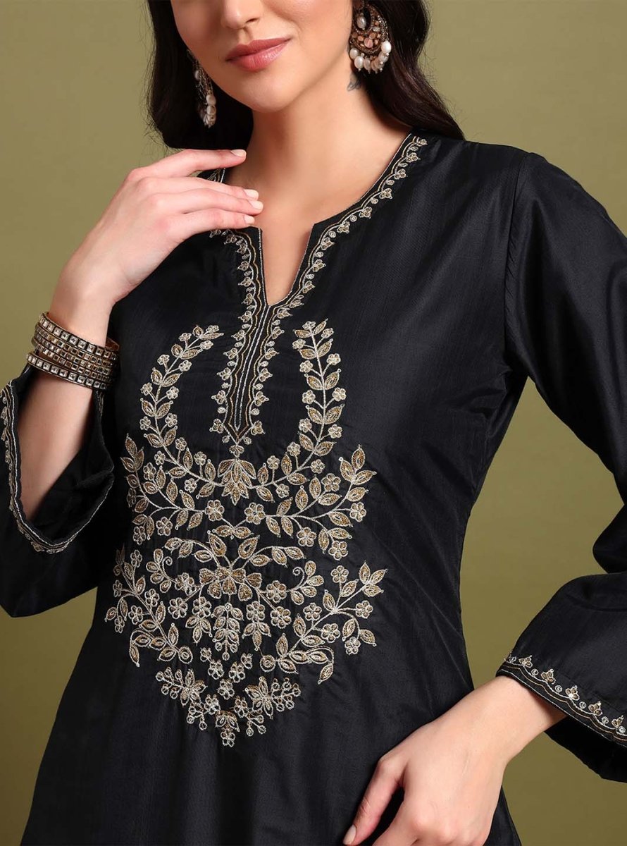Black Zari Embroidery Kurta Set With Dupatta - Mahukaa