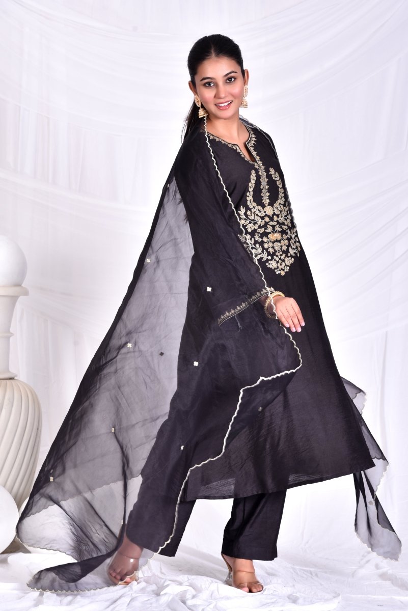 Black zari yoke embroidery kurta set with dupatta - Mahukaa
