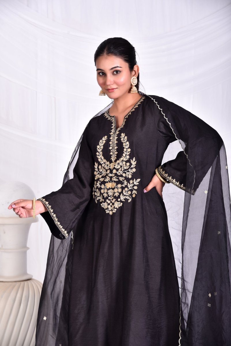 Black zari yoke embroidery kurta set with dupatta - Mahukaa