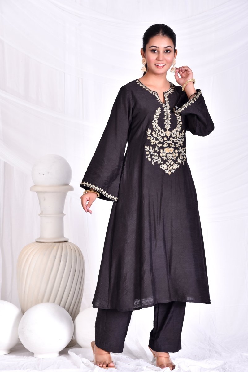 Black zari yoke embroidery kurta set with dupatta - Mahukaa