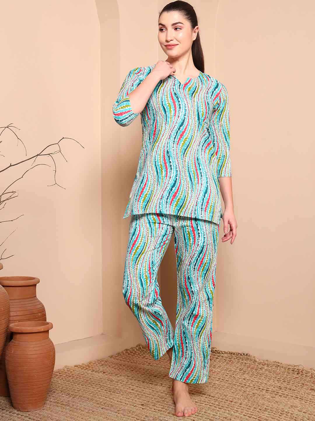 Blue Abstract Print Pure Cotton Night Suit with Round Neck - Mahukaa