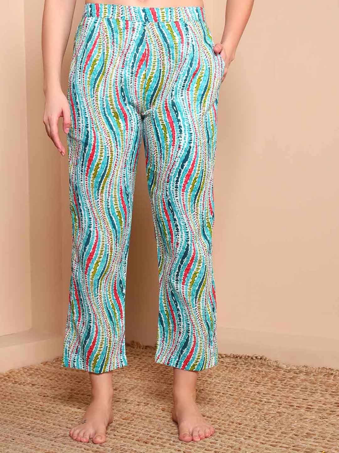 Blue Abstract Print Pure Cotton Night Suit with Round Neck - Mahukaa