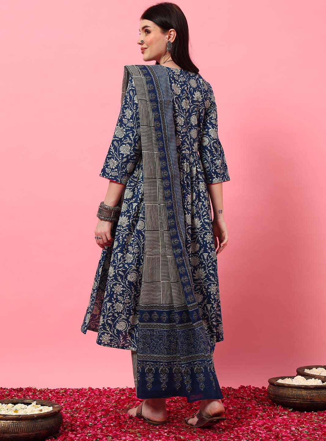 Blue Floral Embroidered York Anarkali Set with Round V - Neck - Mahukaa