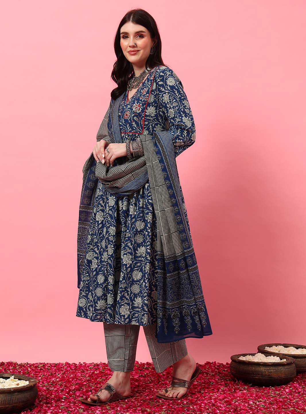 Blue Floral Embroidered York Anarkali Set with Round V - Neck - Mahukaa
