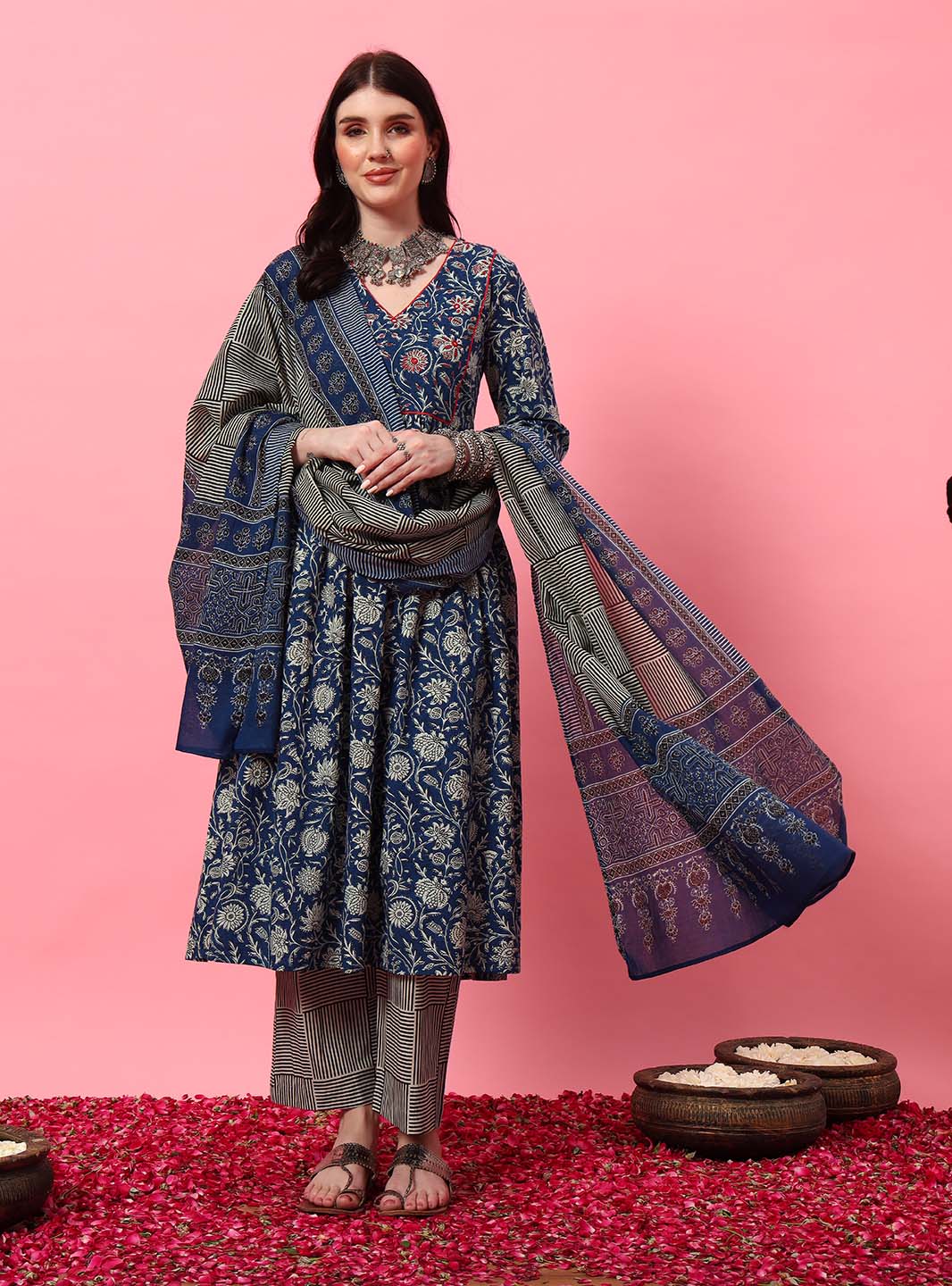 Mahukaa blue floral embroidered York Anarkali set with round V-neck – women's festive ethnic wear front view