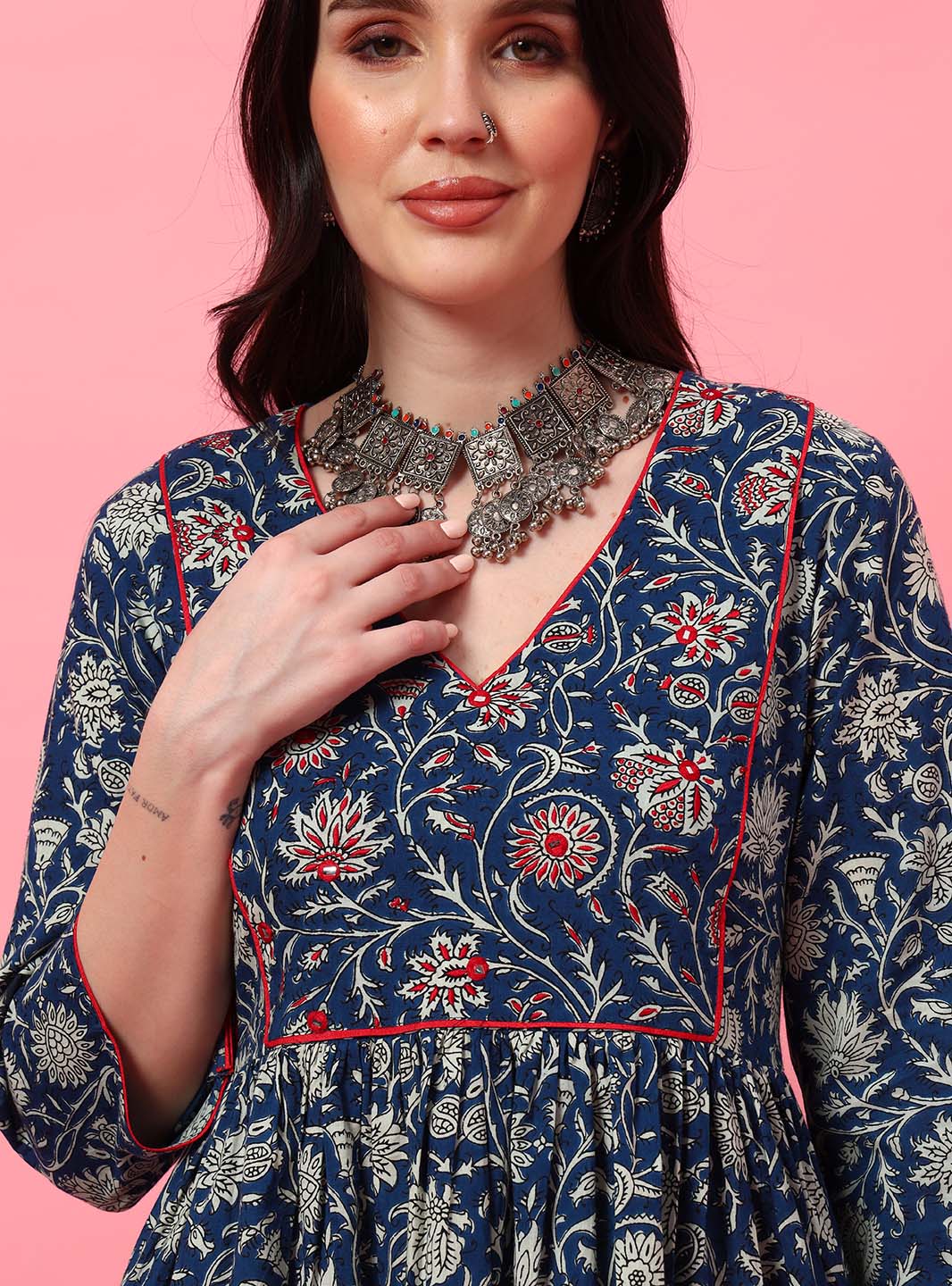 Mahukaa blue floral embroidered York-style Anarkali – detailed thread work close view