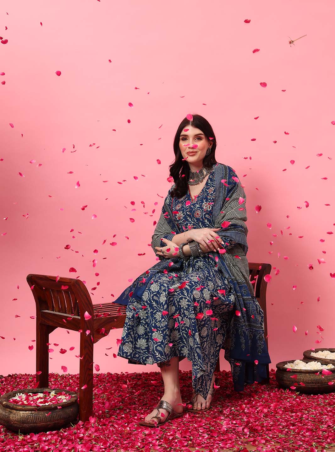 blue floral embroidered Anarkali set with round V-neck – Mahukaa women's ethnic wear