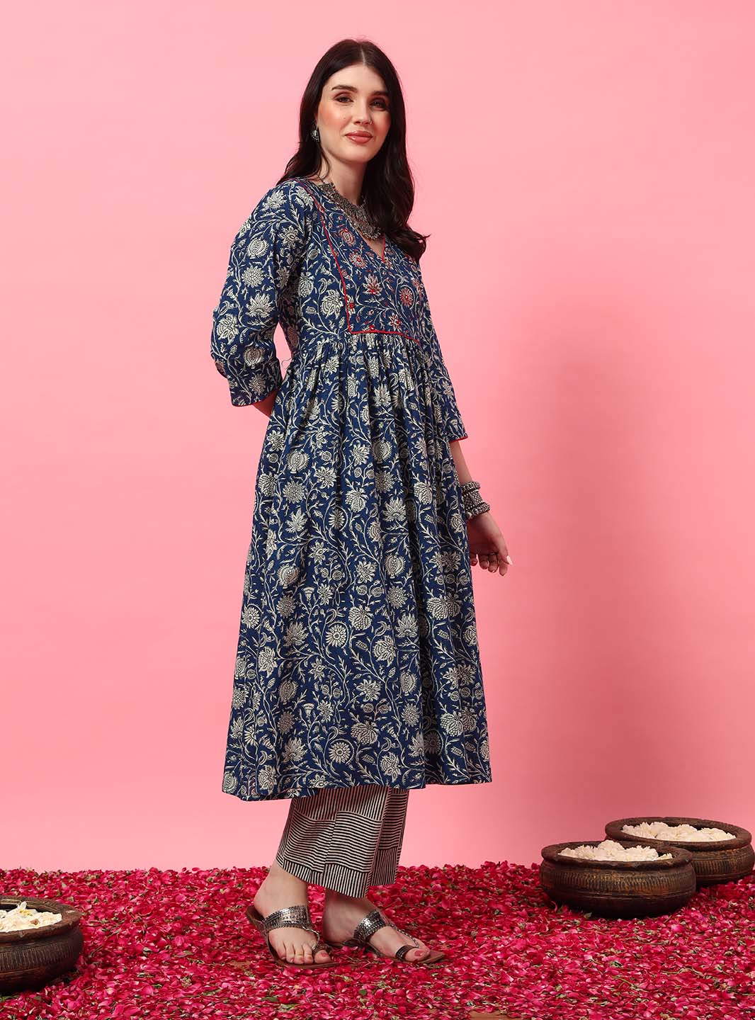 Stylish blue floral embroidered Anarkali set with round V-neck – Mahukaa women's ethnic fashion