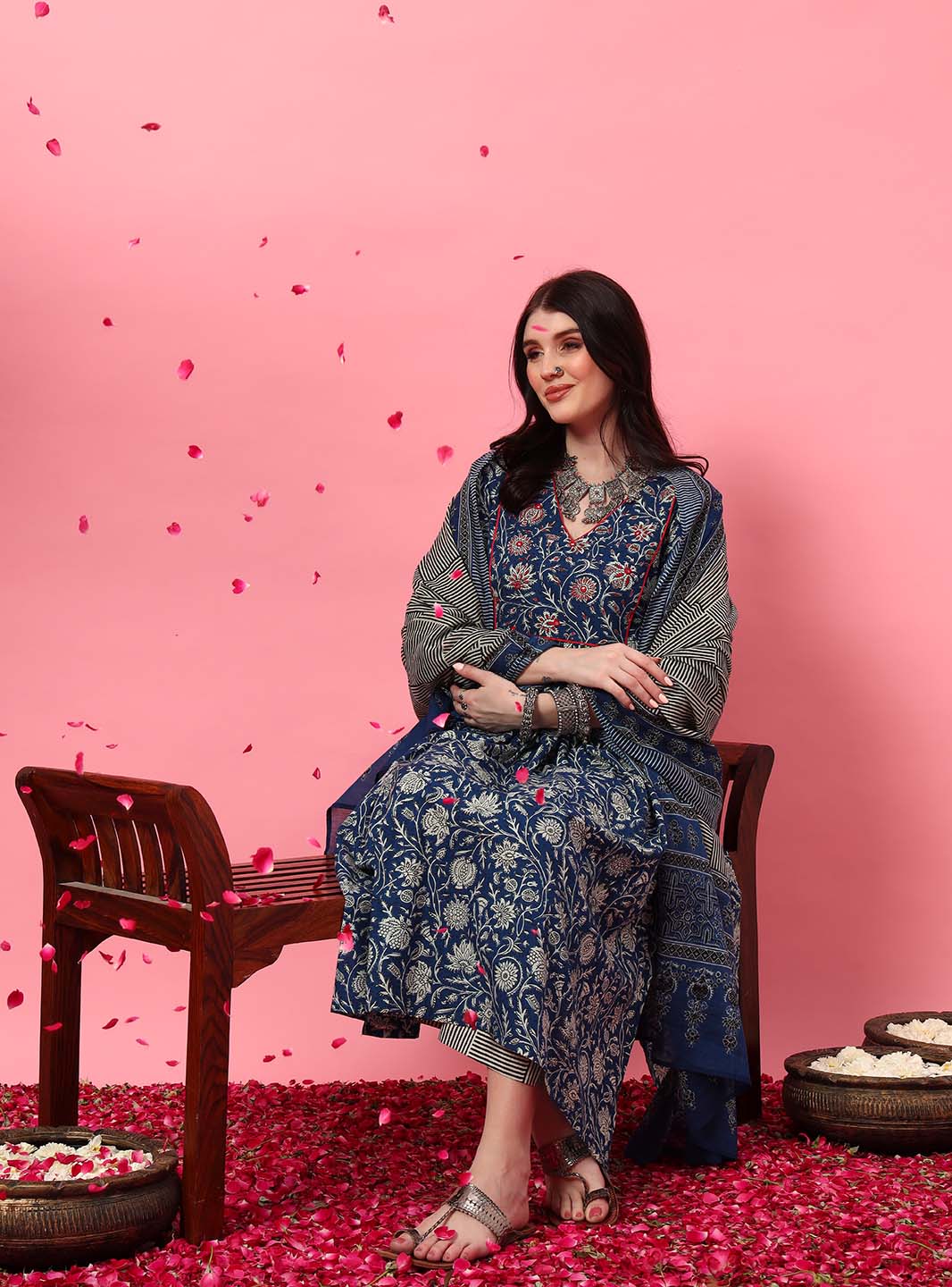 Mahukaa blue floral embroidered York Anarkali set with round V-neck for festive occasions