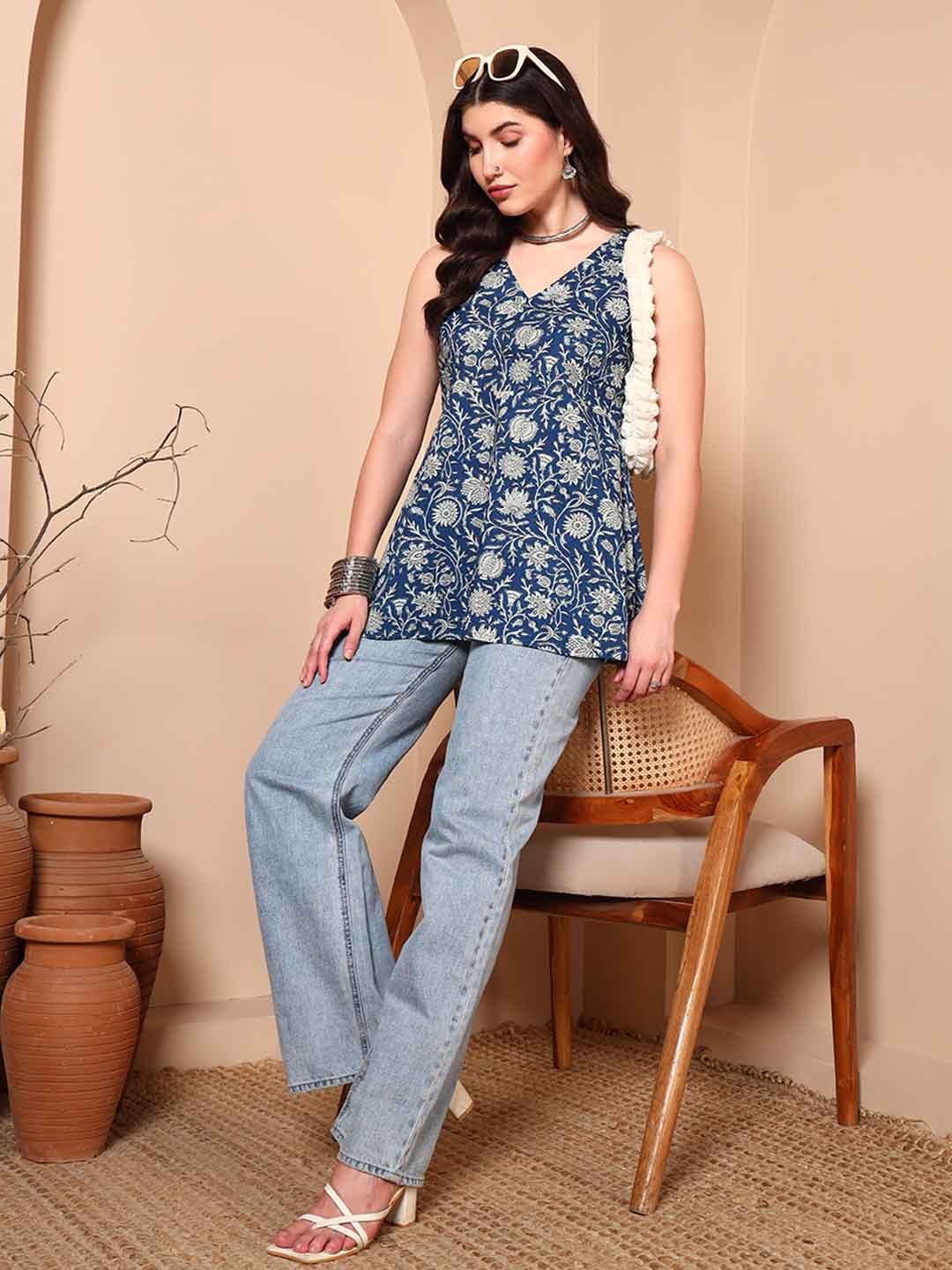 Blue Floral Print Pure Cotton Sleeveless V - Neck Tunic - Mahukaa
