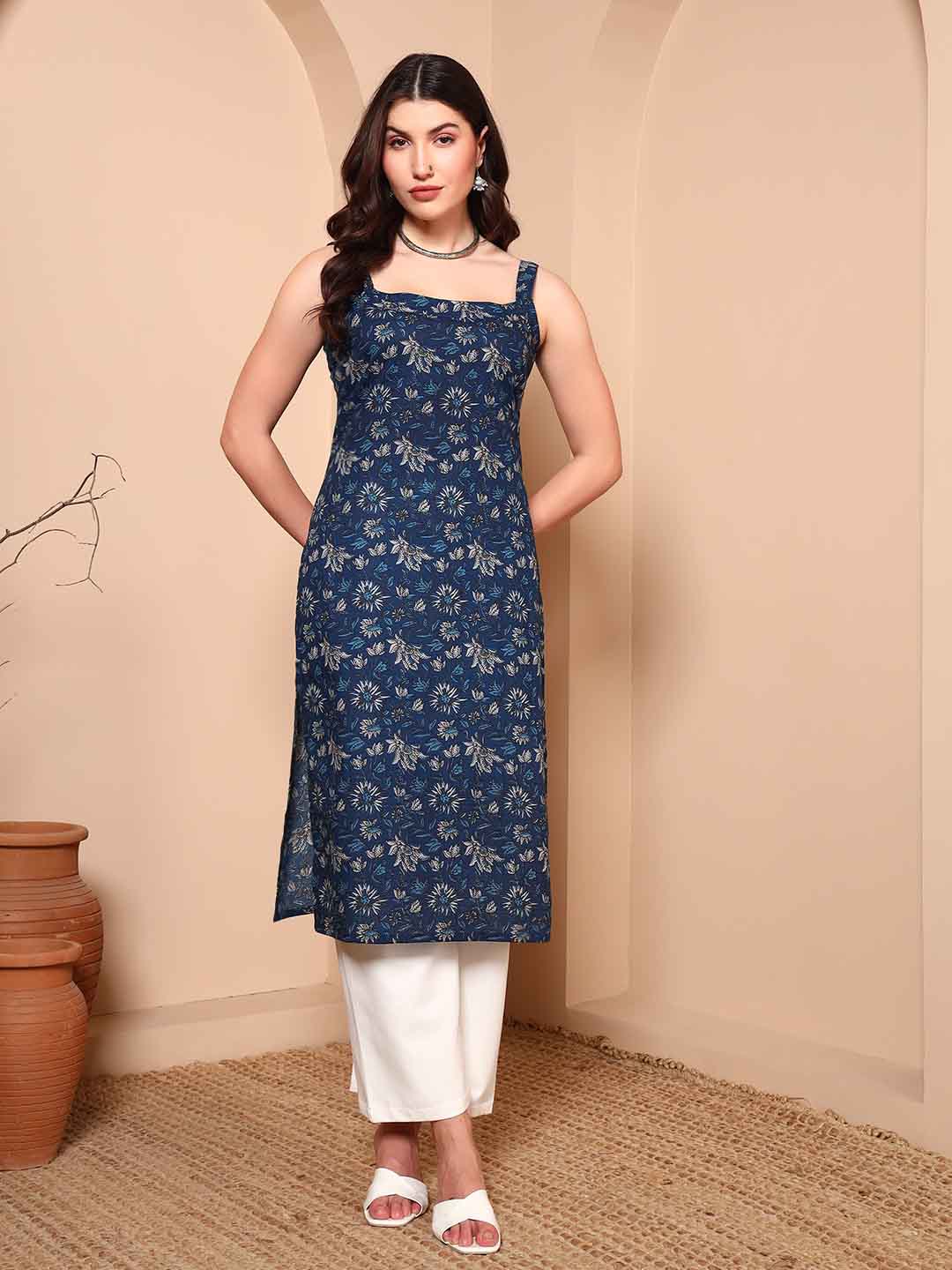 Blue Floral Straight Kurta with Spaghetti Straps - Mahukaa