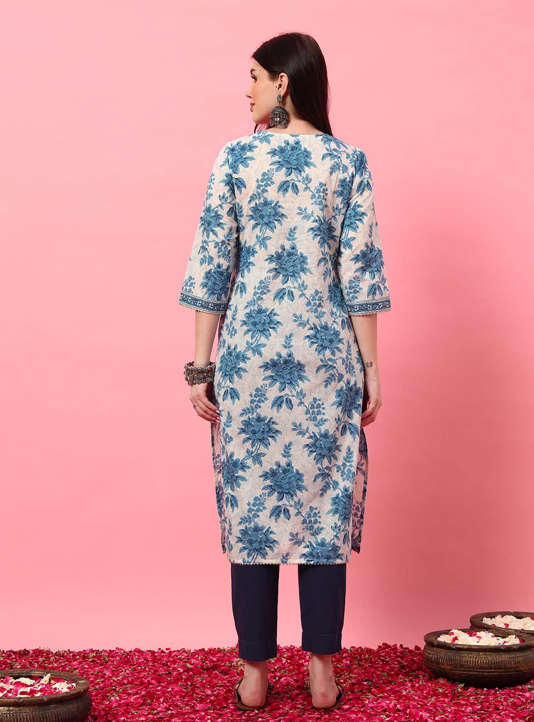 Blue Floral V - Neck Straight Kurta with Screen Print - Mahukaa