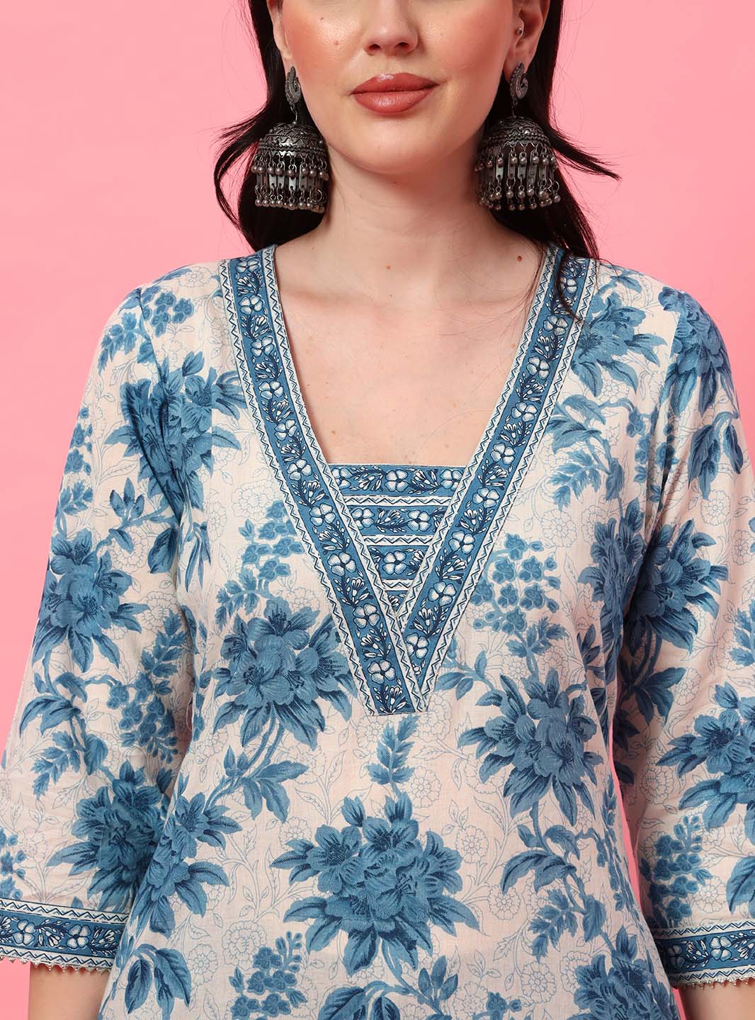 Blue Floral V - Neck Straight Kurta with Screen Print - Mahukaa