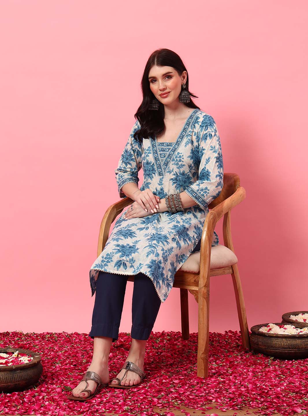 Blue Floral V - Neck Straight Kurta with Screen Print - Mahukaa