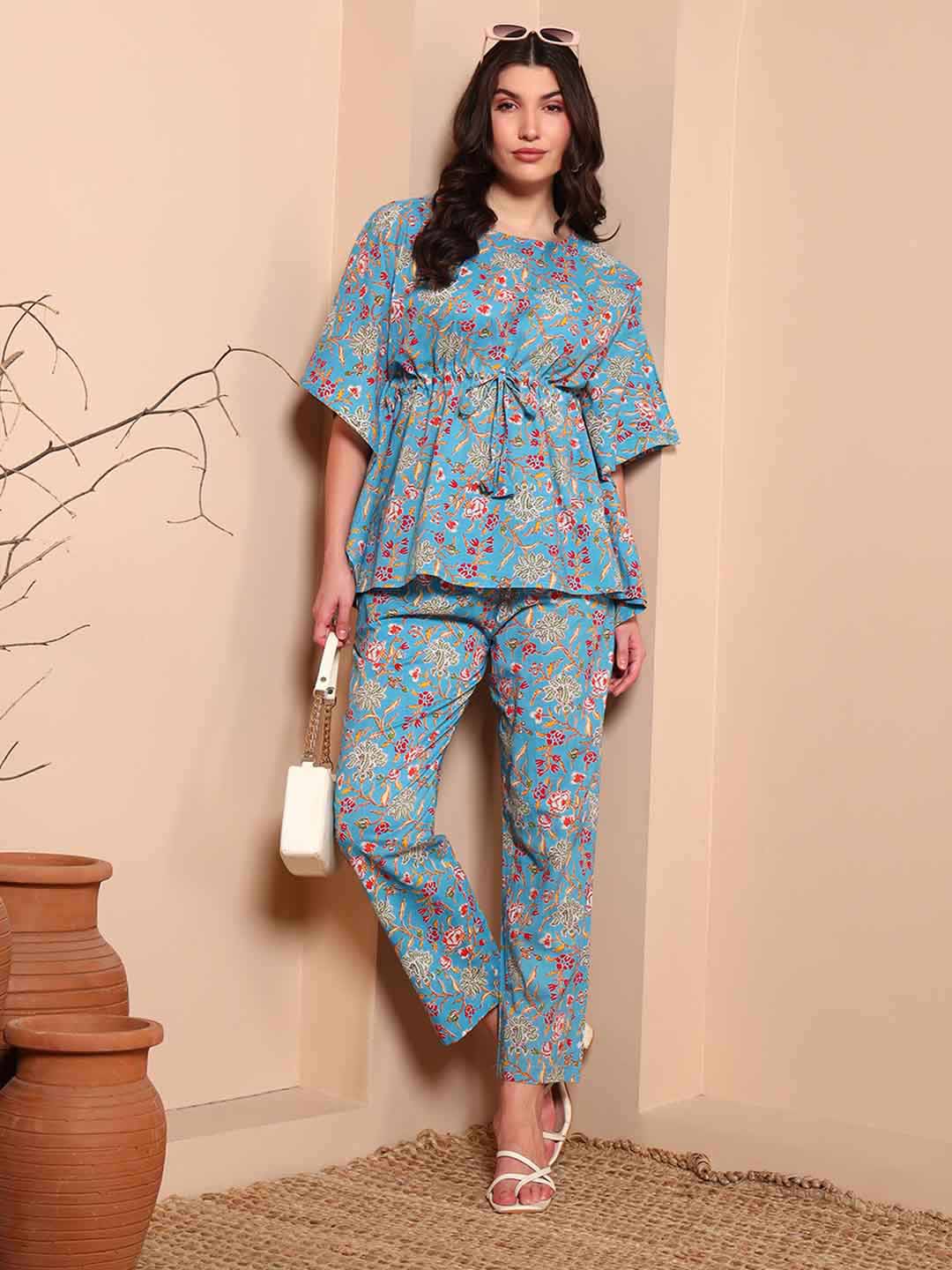 Blue Pure Cotton Floral Kaftan Set - Mahukaa