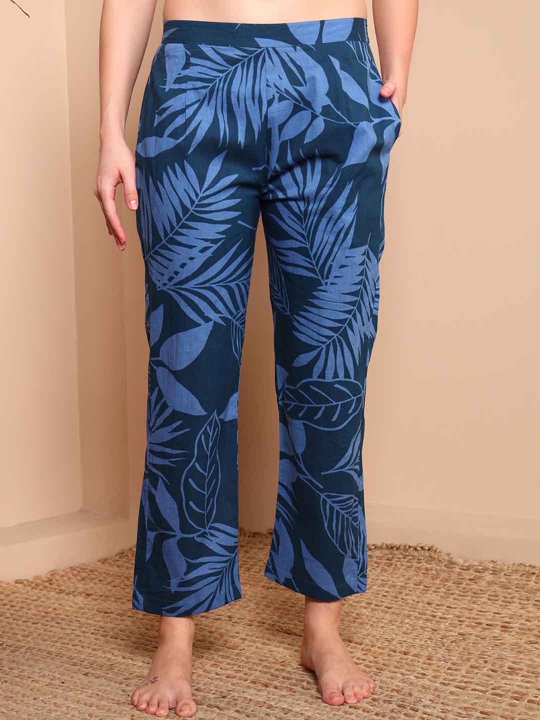 Blue Pure Cotton Floral Night Suit with Mandarin Collar - Mahukaa