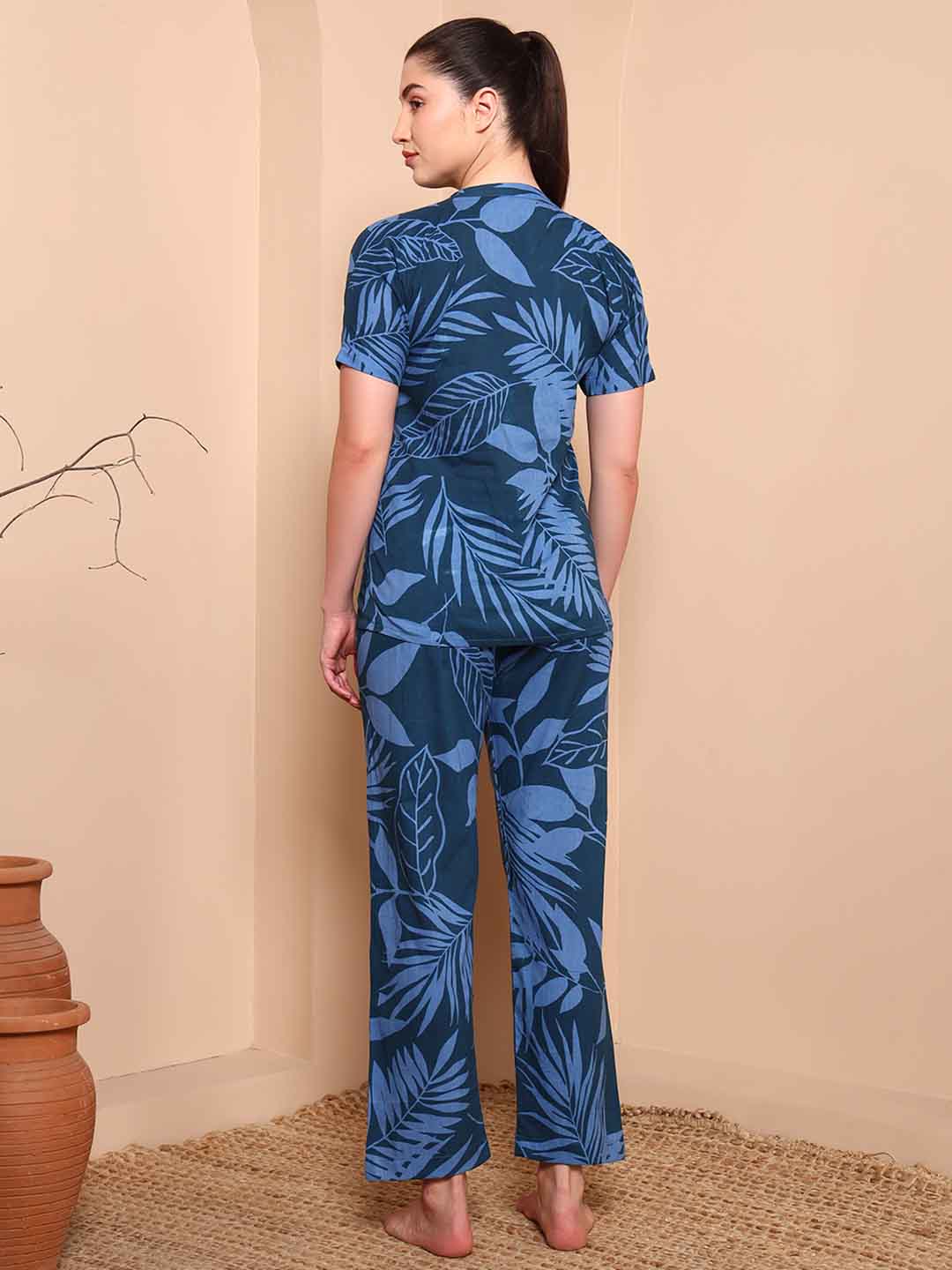 Blue Pure Cotton Floral Night Suit with Mandarin Collar - Mahukaa