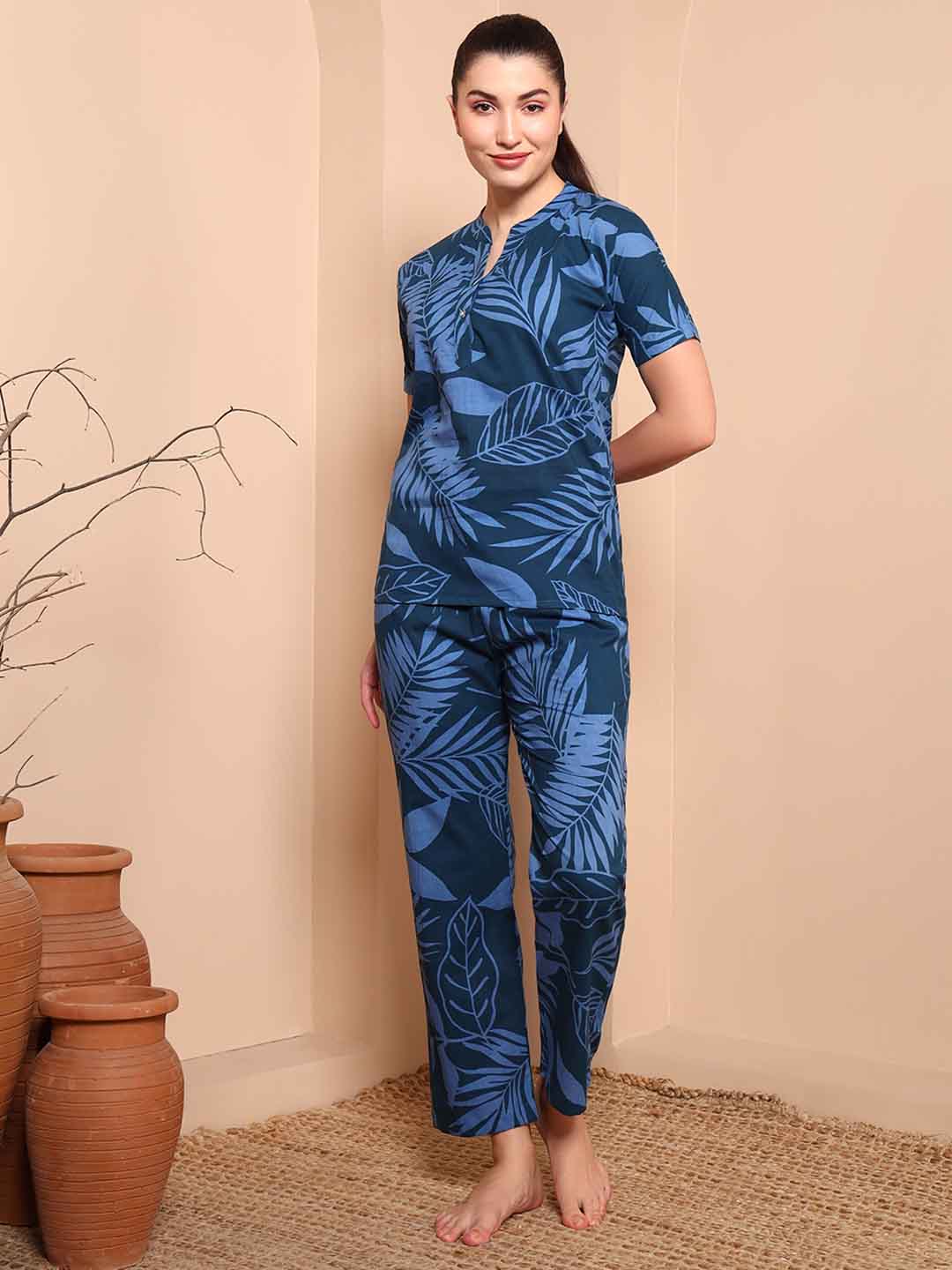 Blue Pure Cotton Floral Night Suit with Mandarin Collar - Mahukaa