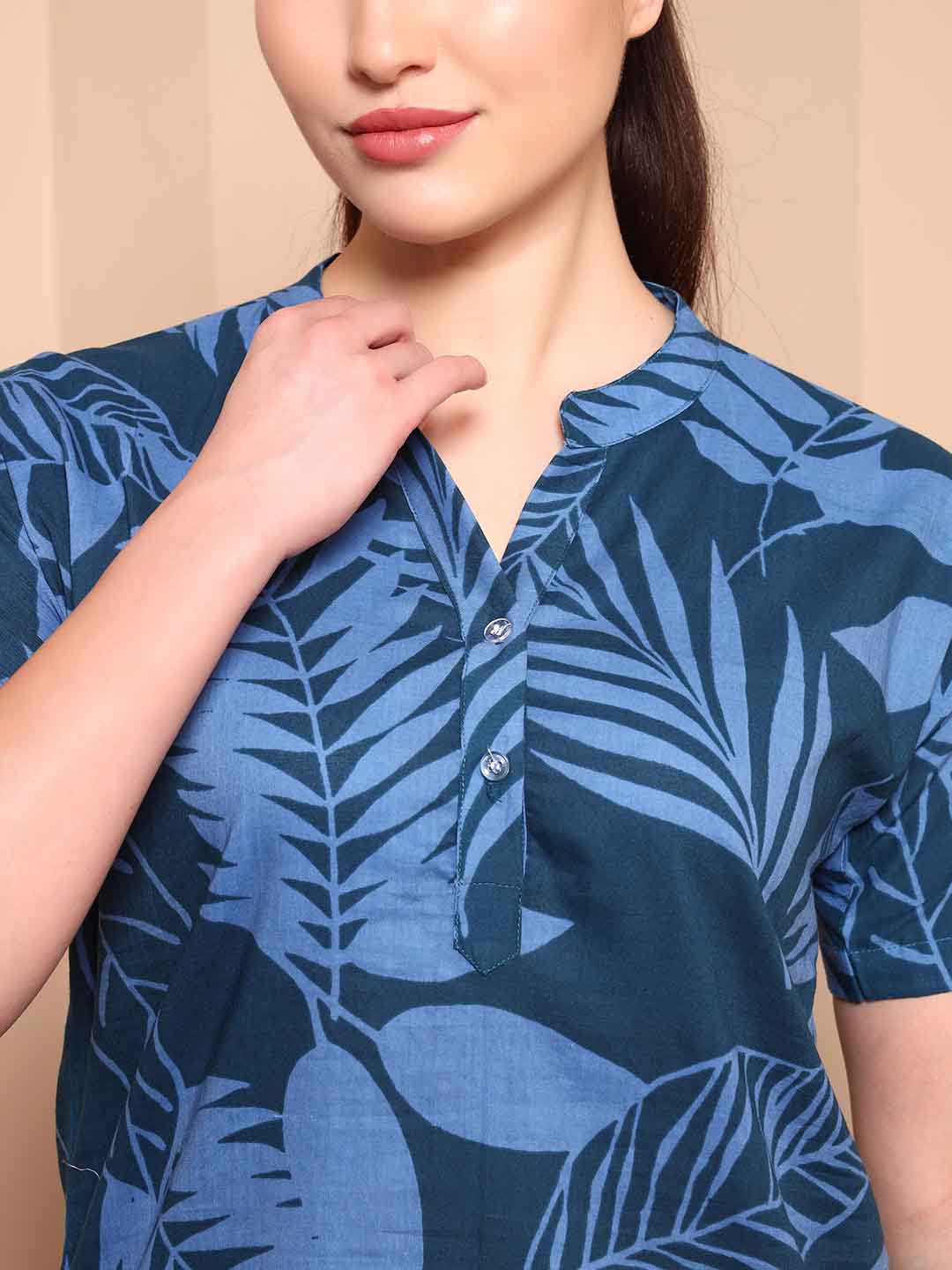 Blue Pure Cotton Floral Night Suit with Mandarin Collar - Mahukaa