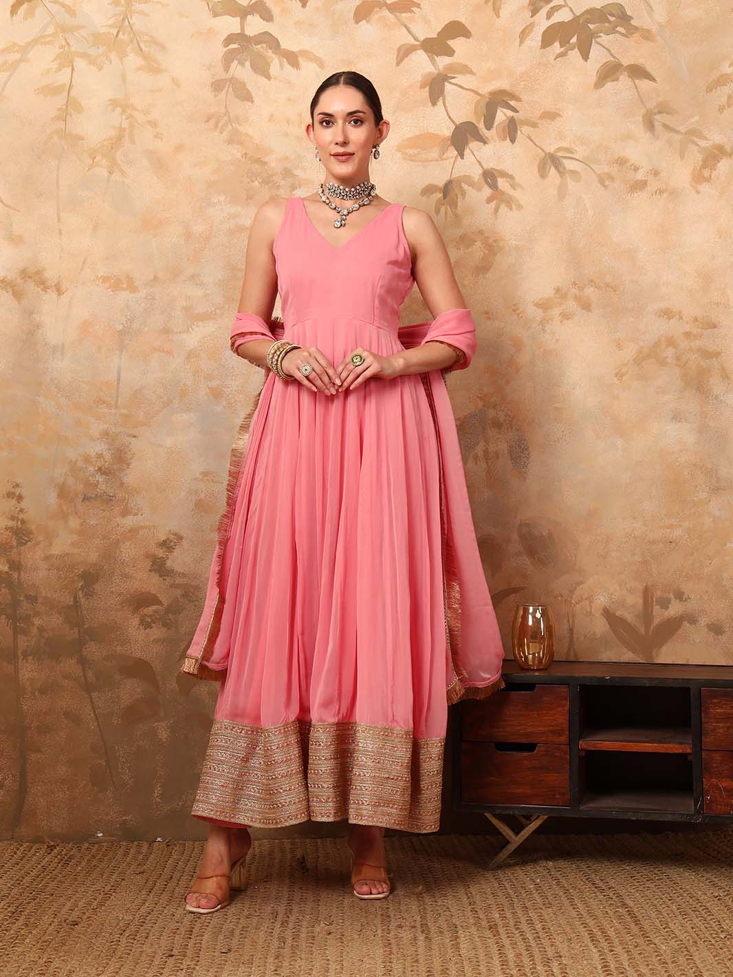 Blush Pink Strap Georgette Anarkali Set with Fringed Dupatta - Mahukaa