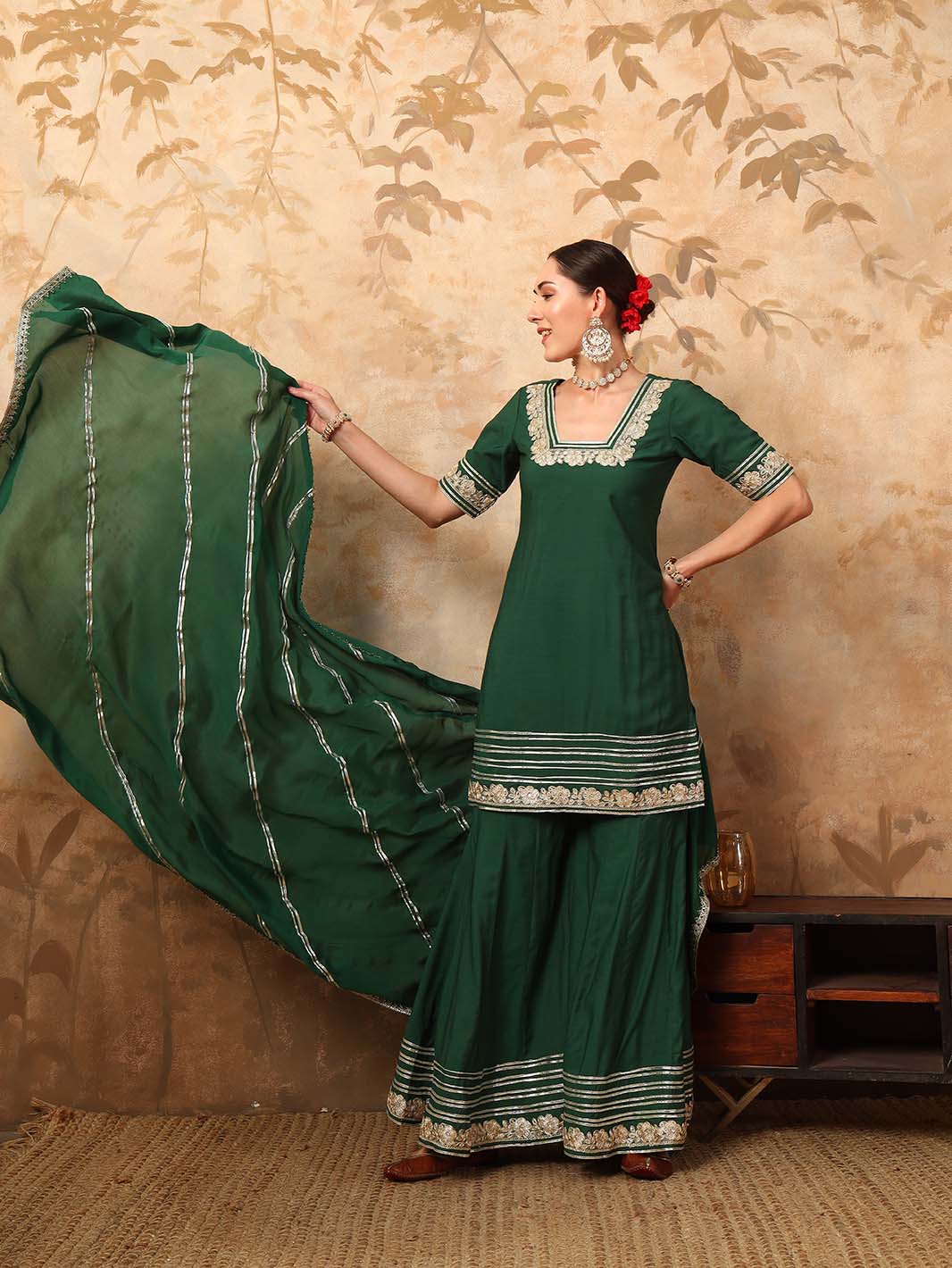 Bottle Green Gota Detailed Kurta Sharara Set with Dupatta - Mahukaa