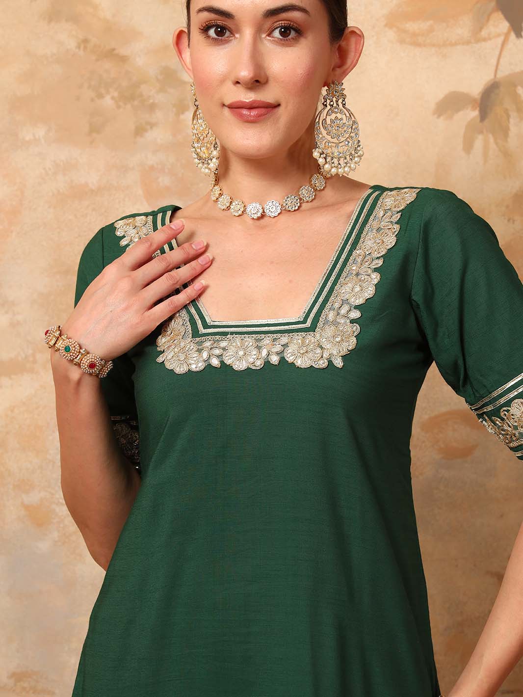 Bottle Green Gota Detailed Kurta Sharara Set with Dupatta - Mahukaa