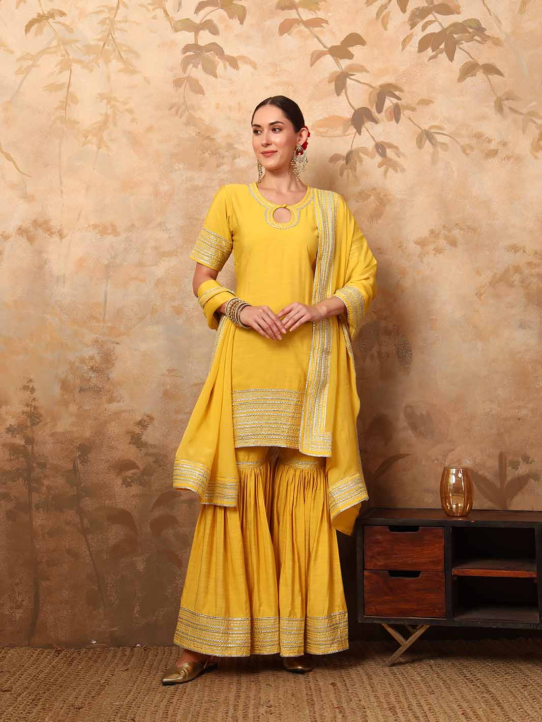 Corn Yellow Keyhole Neck Kurta Sharara Set with Dupatta - Mahukaa