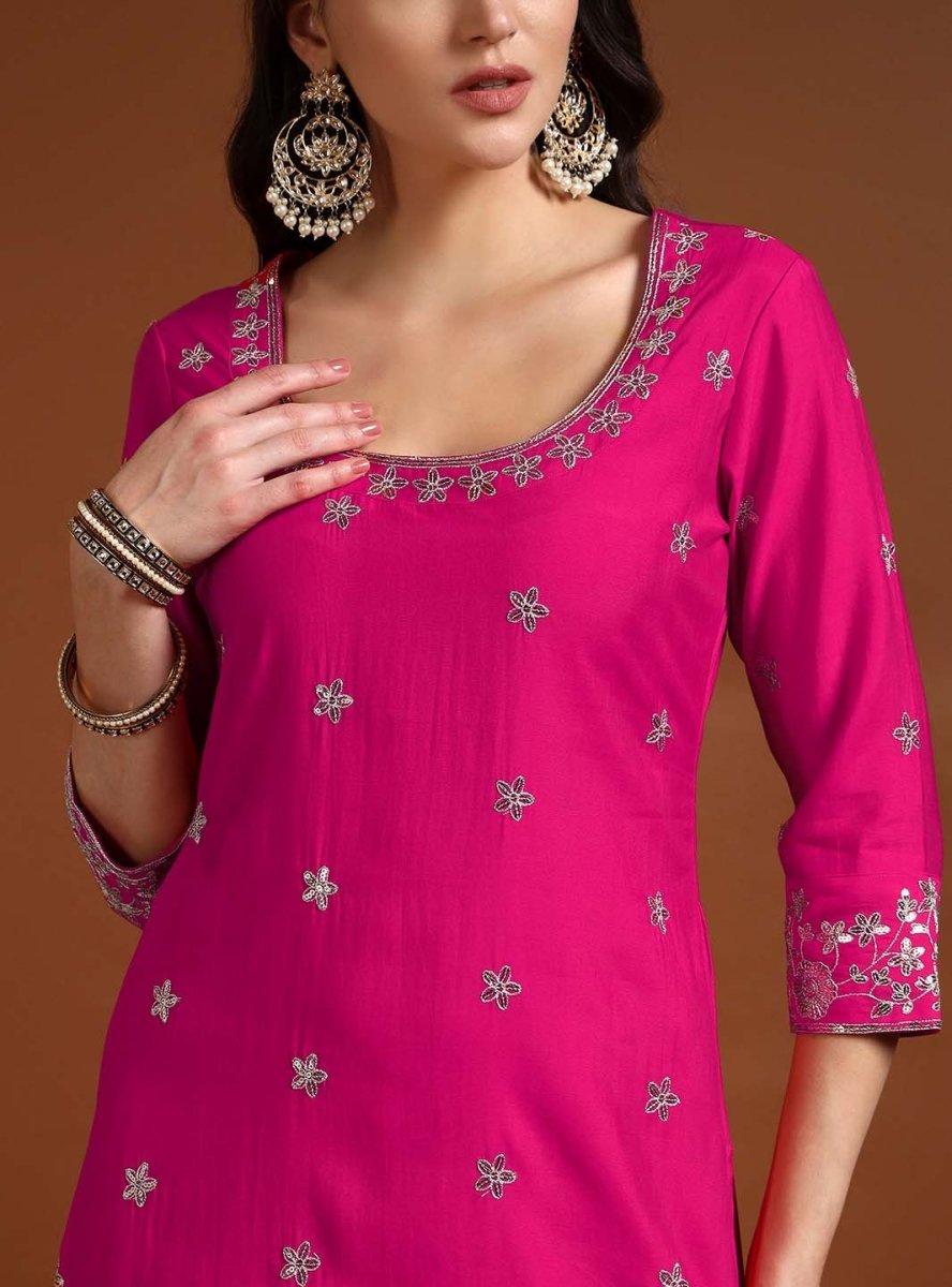 Closer look of fuchsia pink sequins embroidered sharara set with dupatta 