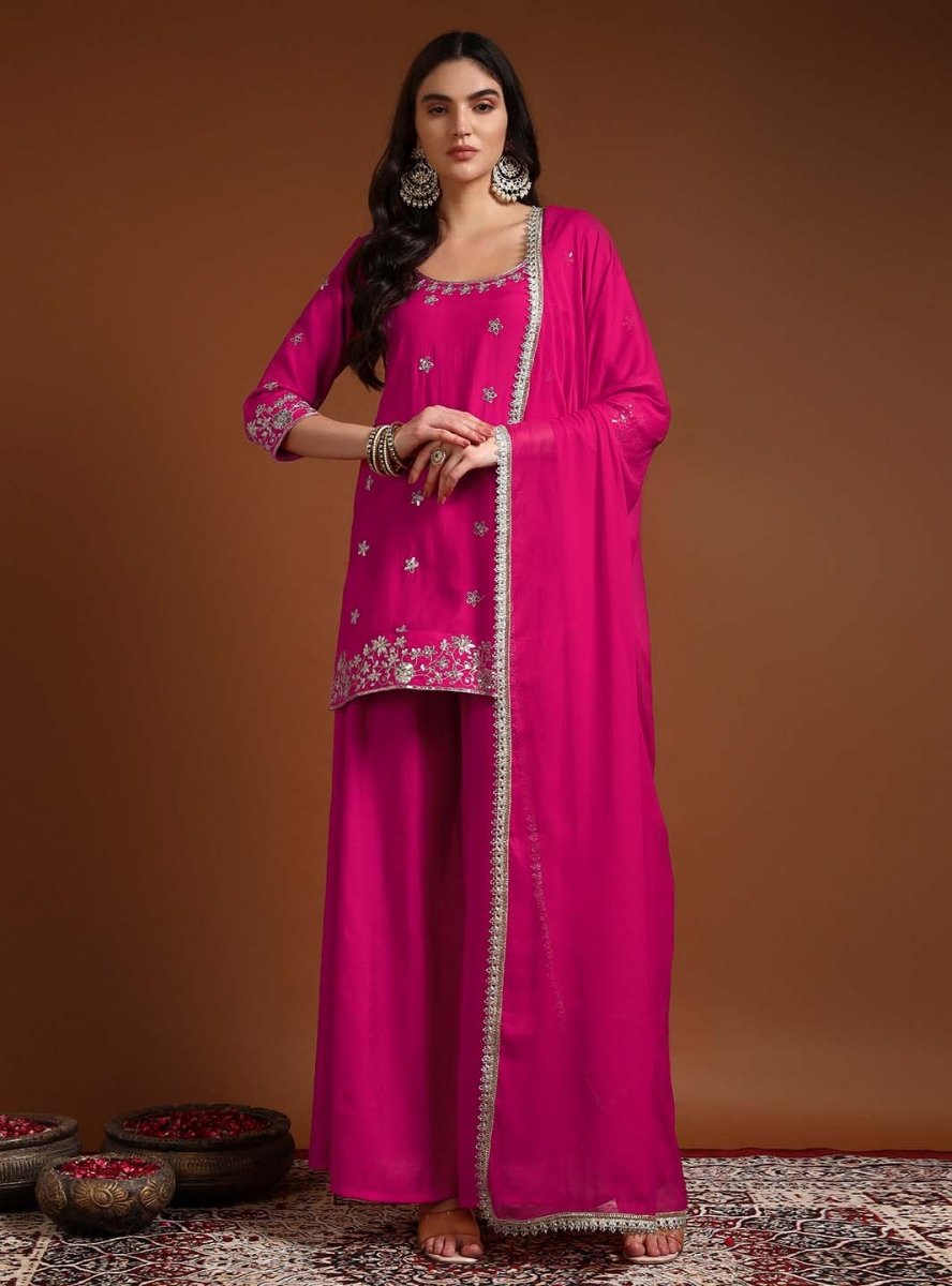 fuschia pink sequins embroidered sharara set with dupatta by Mahukaa