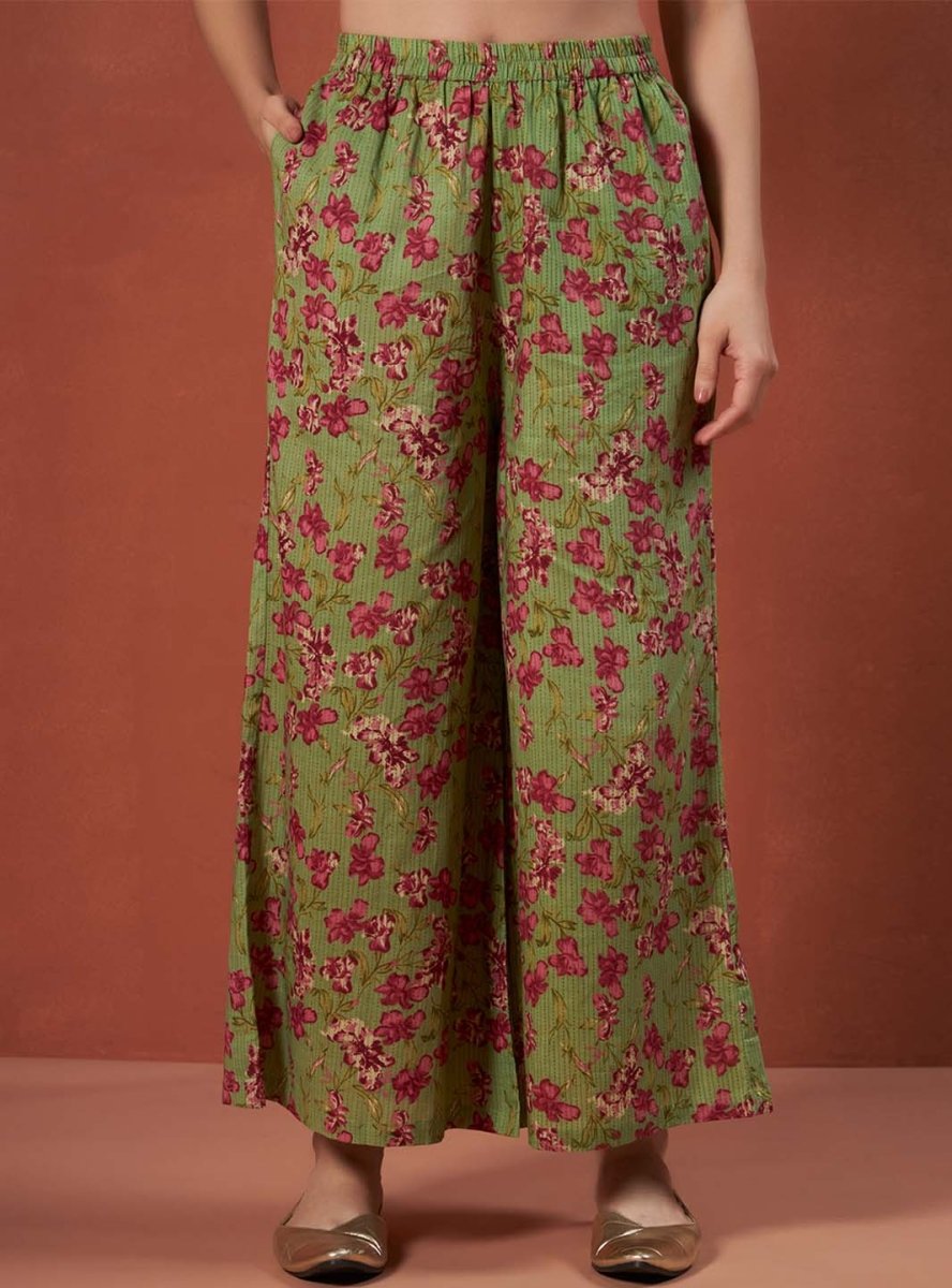Green Floral A - Line Kurta Set with Halter Neck and Screen Print Detailing - Mahukaa