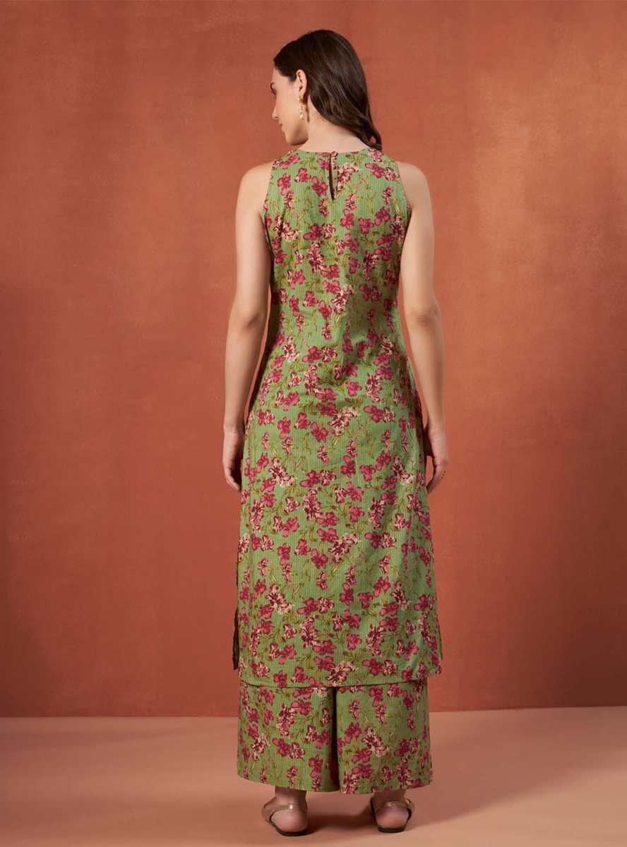 Green Floral A - Line Kurta Set with Halter Neck and Screen Print Detailing - Mahukaa
