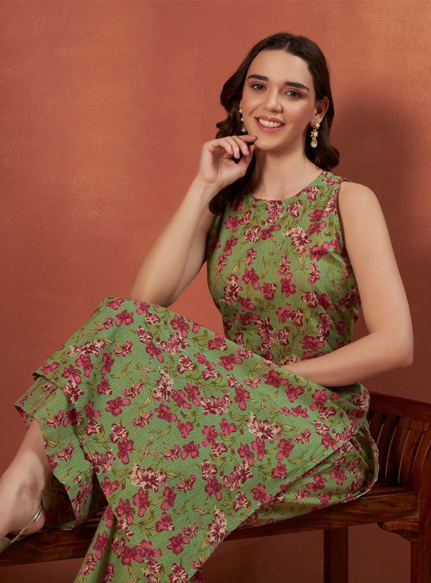 Green Floral A - Line Kurta Set with Halter Neck and Screen Print Detailing - Mahukaa