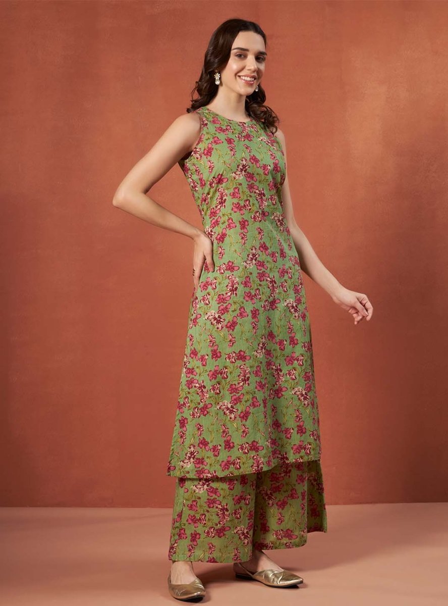 Green Floral A - Line Kurta Set with Halter Neck and Screen Print Detailing - Mahukaa