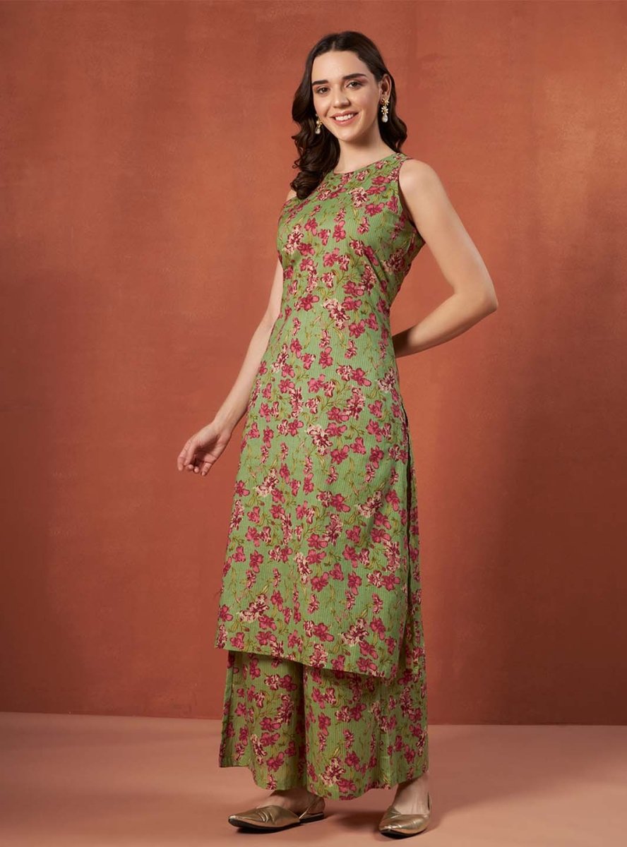 Green Floral A - Line Kurta Set with Halter Neck and Screen Print Detailing - Mahukaa