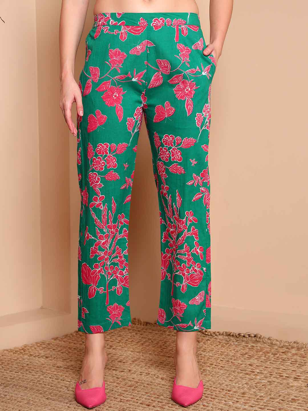 Green Floral Print Pure Cotton Night Suit with Shirt Collar - Mahukaa