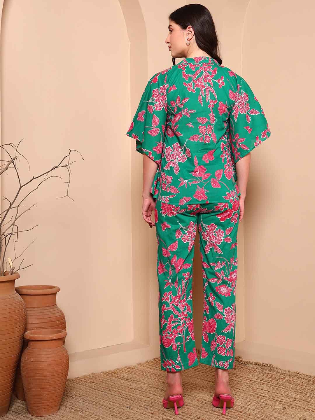 Green Floral Print Pure Cotton Night Suit with Shirt Collar - Mahukaa