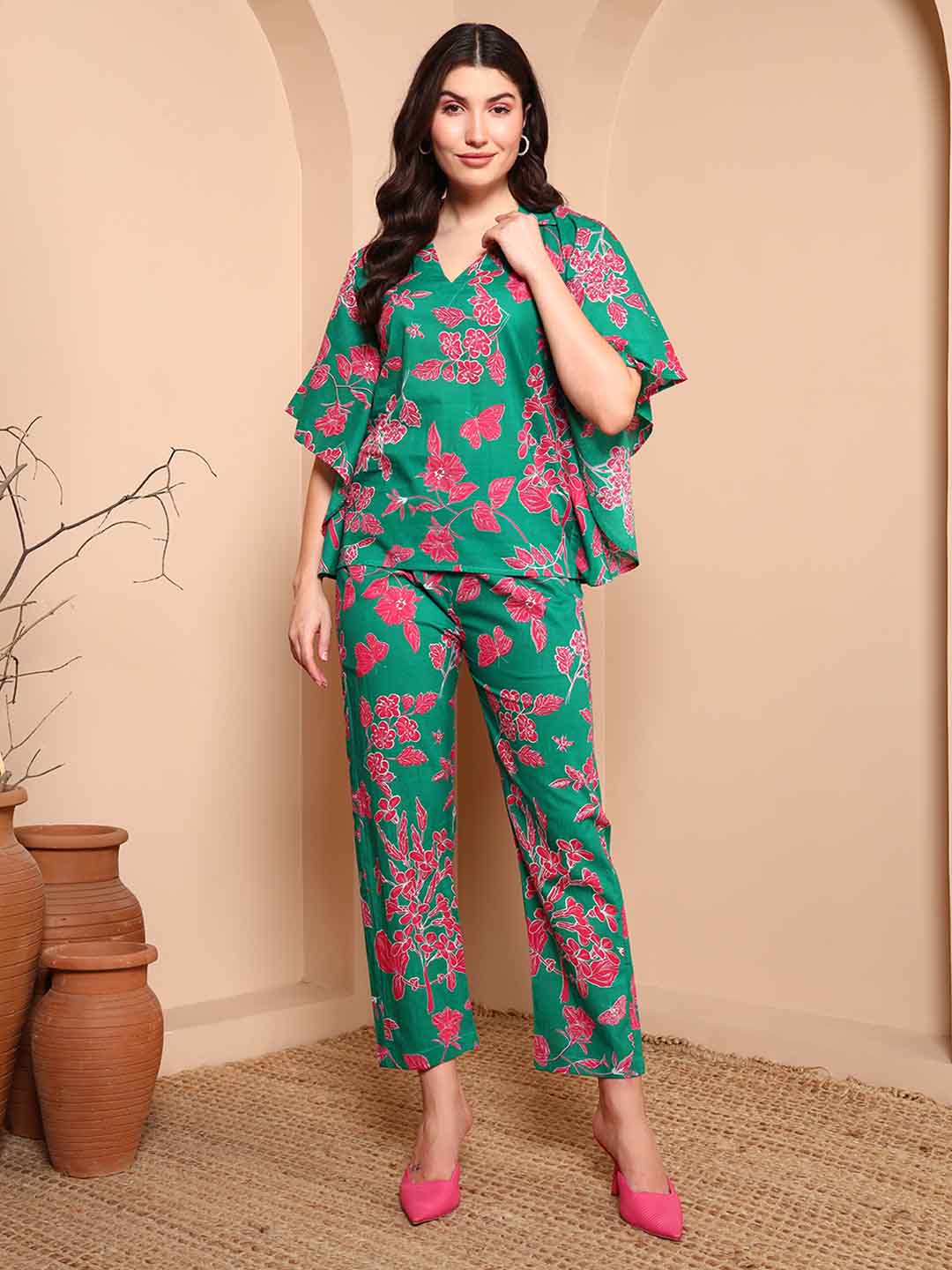 Green Floral Print Pure Cotton Night Suit with Shirt Collar - Mahukaa