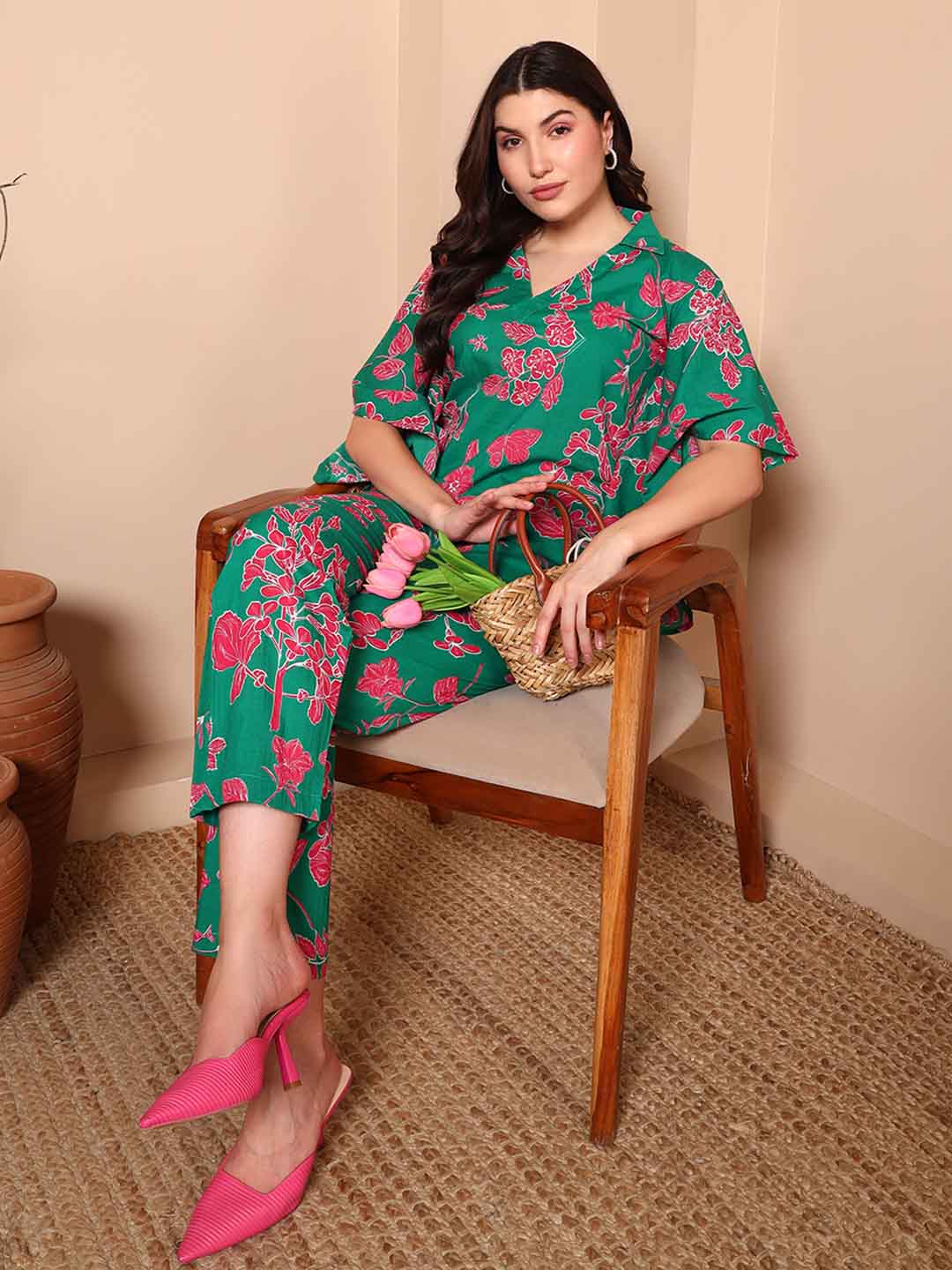 Green Floral Print Pure Cotton Night Suit with Shirt Collar - Mahukaa