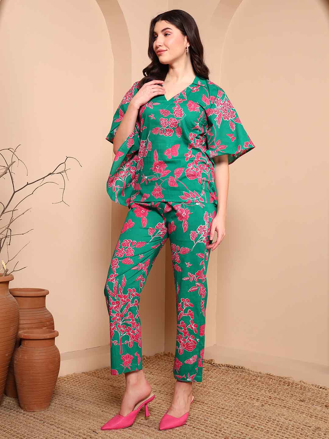 Green Floral Print Pure Cotton Night Suit with Shirt Collar - Mahukaa