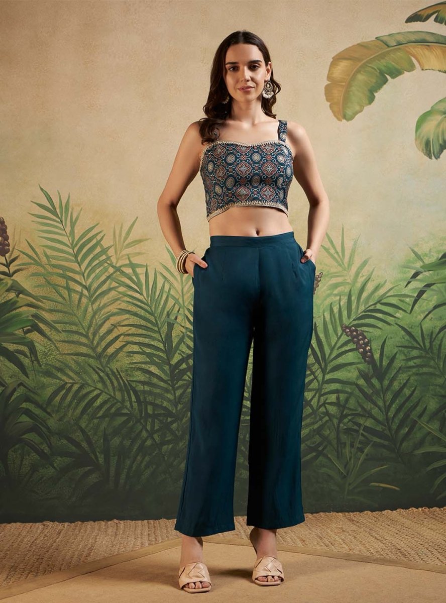 Green V - Neck Fusion Kurta Set with Blouse & Printed Dupatta - Mahukaa