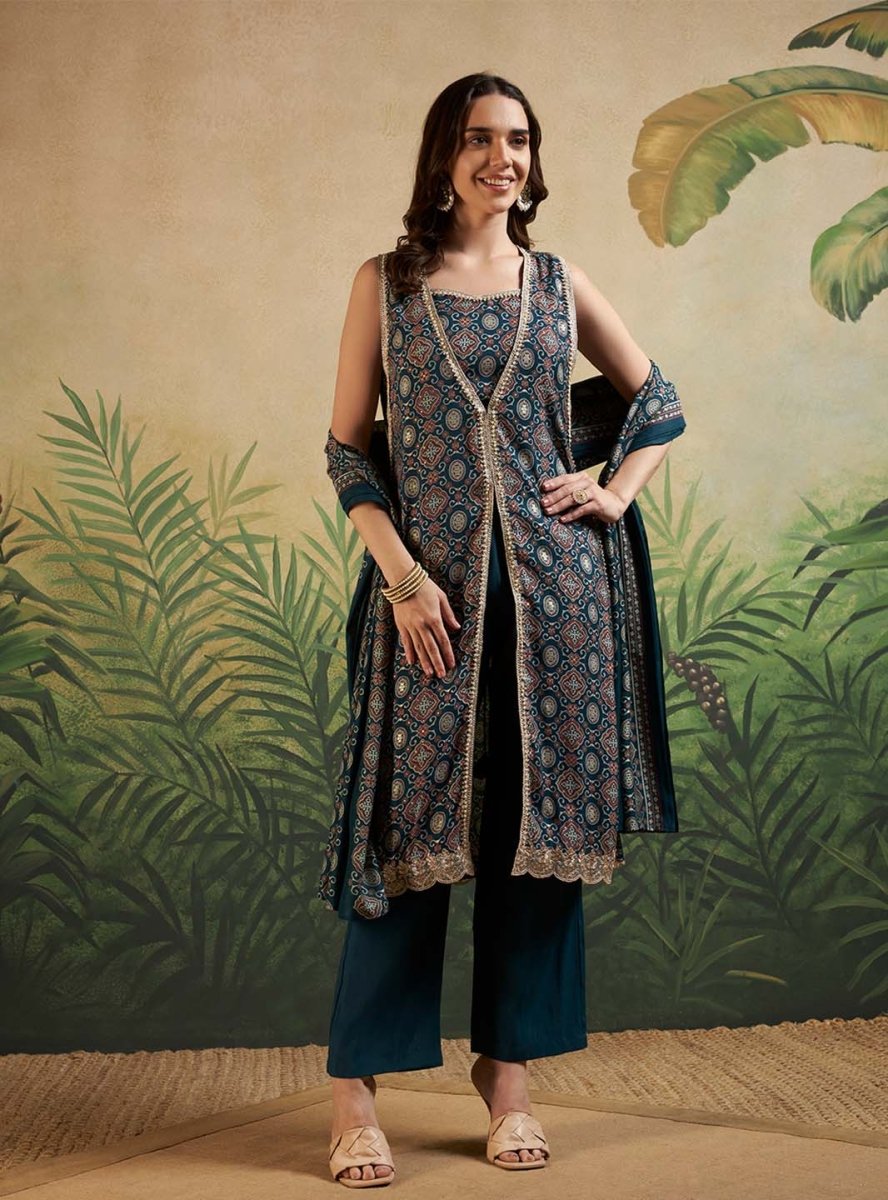 Green V - Neck Fusion Kurta Set with Blouse & Printed Dupatta - Mahukaa