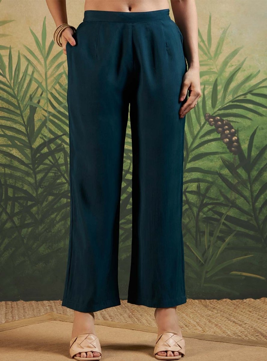 Green V - Neck Fusion Kurta Set with Blouse & Printed Dupatta - Mahukaa