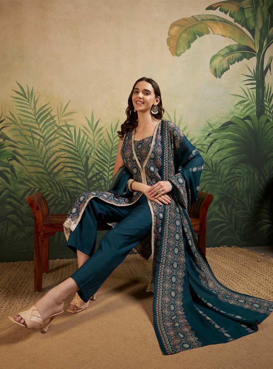 Green V - Neck Fusion Kurta Set with Blouse & Printed Dupatta - Mahukaa