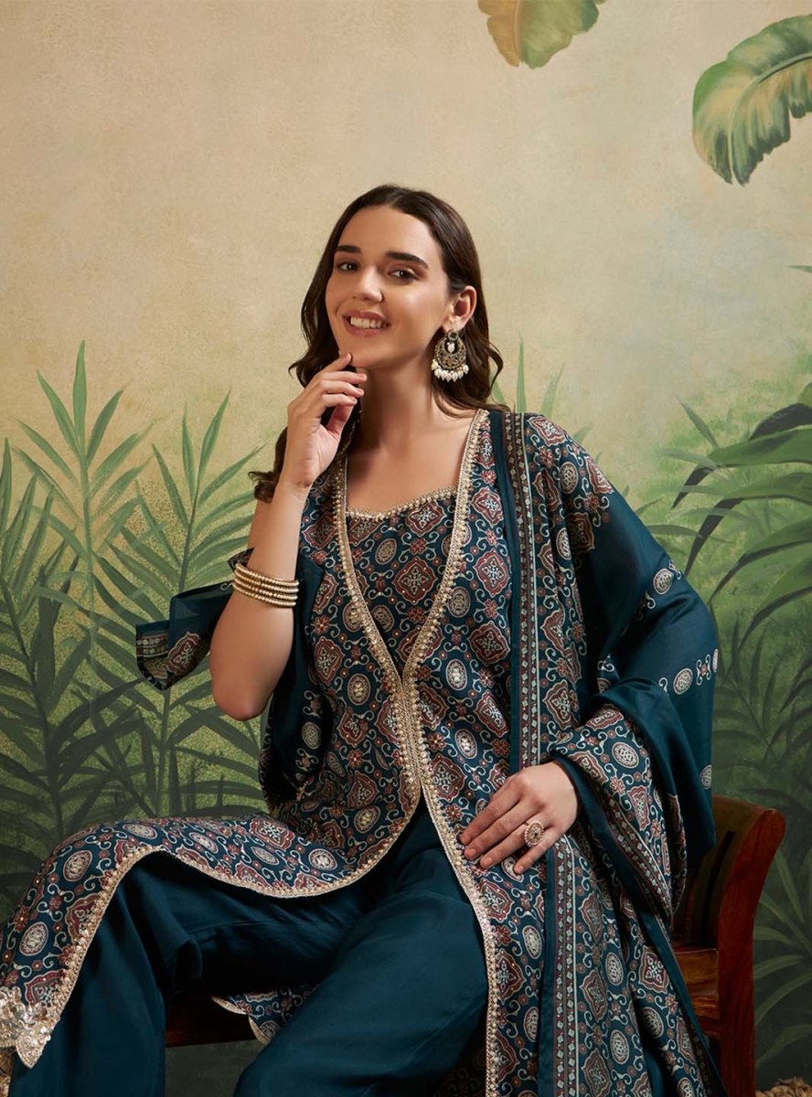 Green V - Neck Fusion Kurta Set with Blouse & Printed Dupatta - Mahukaa