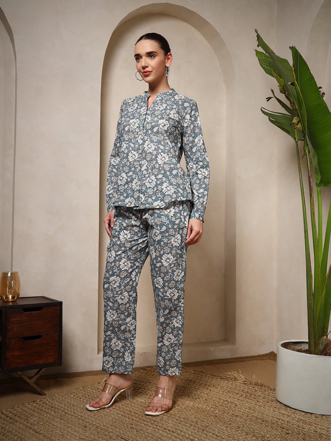 Grey Pure Cotton Floral Night Suit with Mandarin Collar - Mahukaa