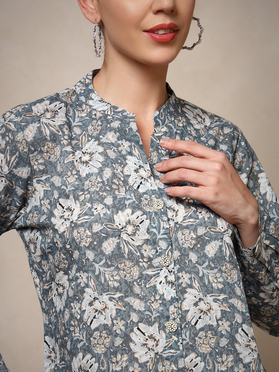 Grey Pure Cotton Floral Night Suit with Mandarin Collar - Mahukaa