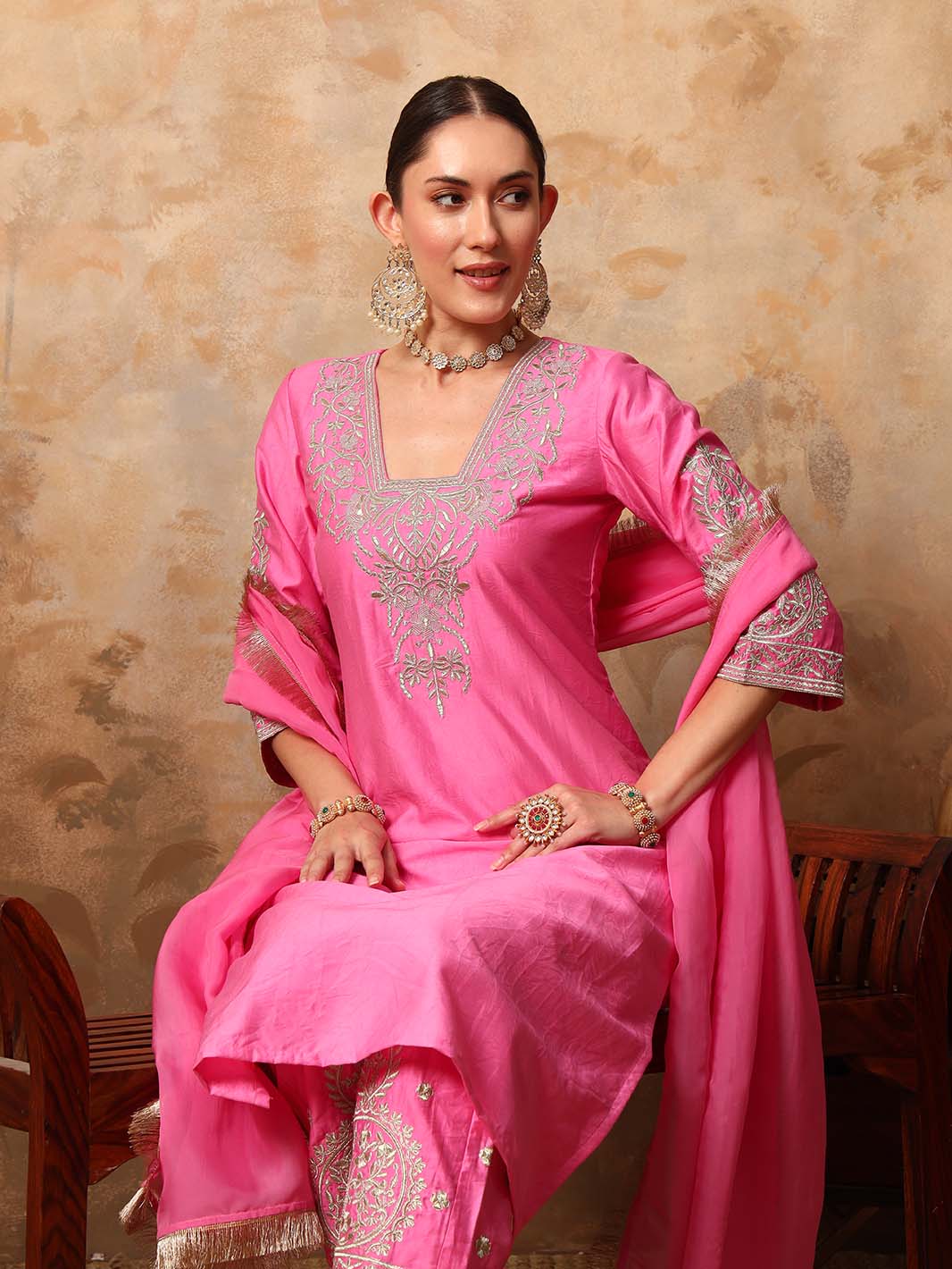 Light Deep Pink Embroidered Chanderi Silk Kurta Set - Mahukaa