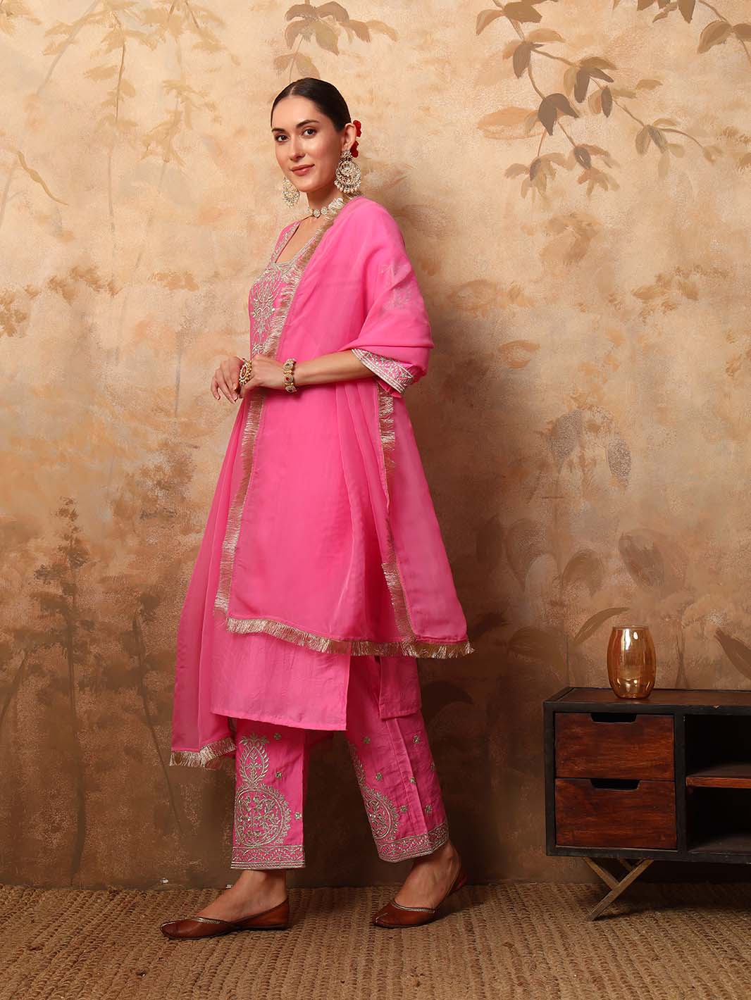 Light Deep Pink Embroidered Chanderi Silk Kurta Set - Mahukaa