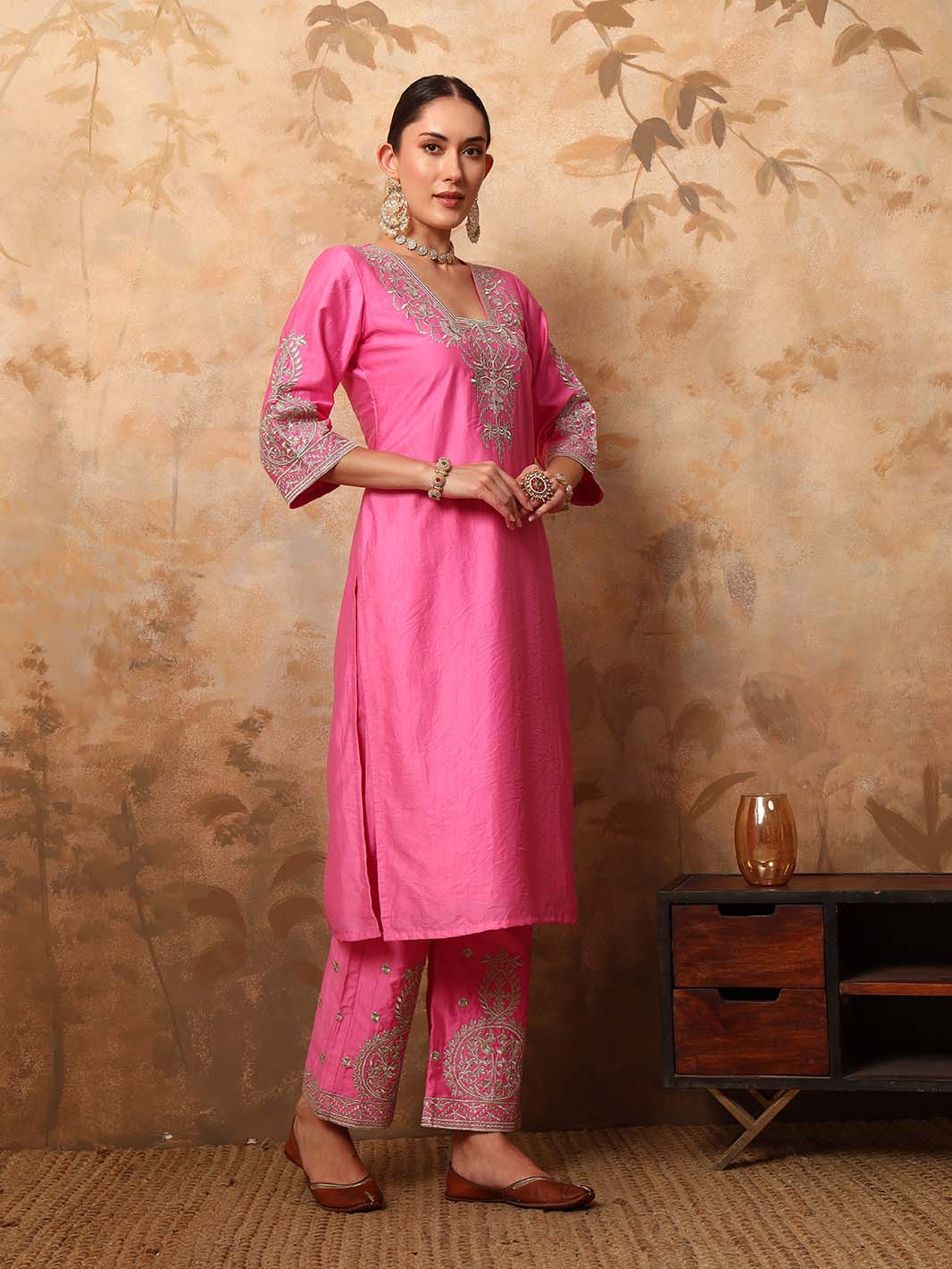 Light Deep Pink Embroidered Chanderi Silk Kurta Set - Mahukaa