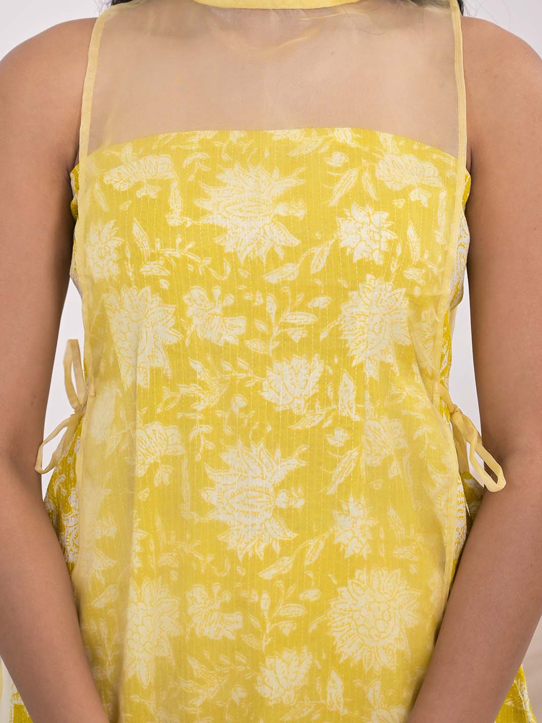 Light Yellow Bagru Block Printed Straight Kurti with Chanderi Palazzo - Mahukaa